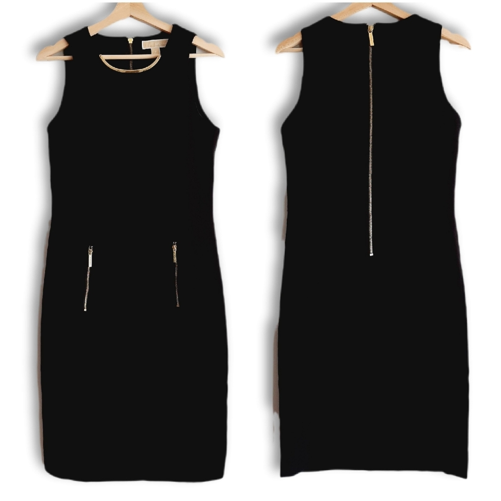 Michael Kors Black Sleeveless Sheath Dress with Gold Zippers